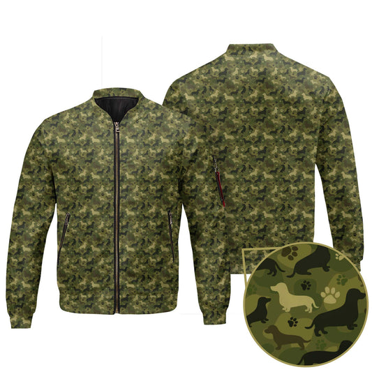 Green Camo Dog Silhouette Pattern Bomber Jacket, Shirts For Dachshunds, Dachshund Sweatshirt