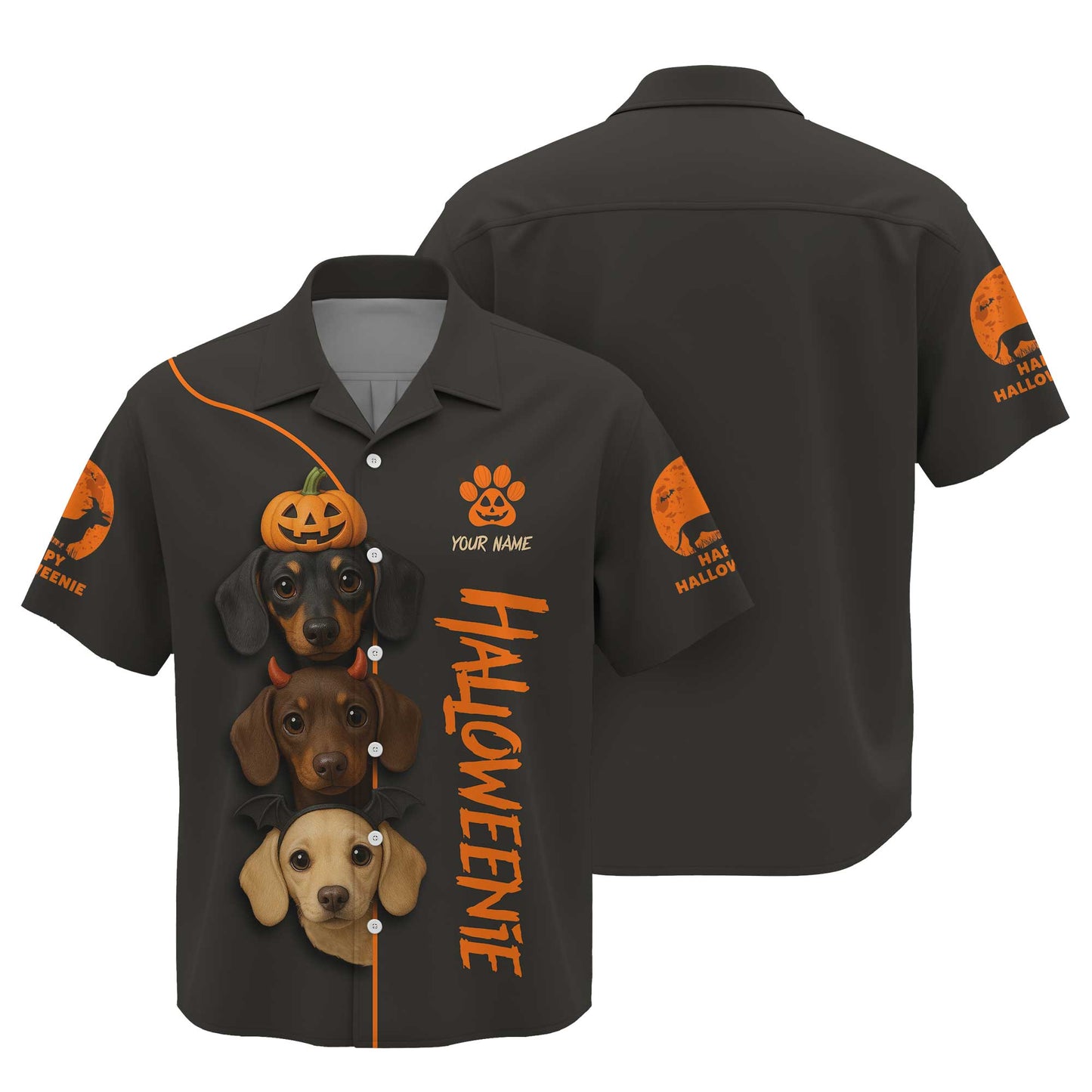 HalloWeenie - Dachshund Holiday Shirt, Christmas Tree Weiner Dog Tee, Pattern Polos For Spooky Season - Custom Name Shirt