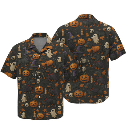 Pattern Dachshund Shirt, Halloween Dog Shirt, Pumpkin Ghost Skeleton Black Shirt