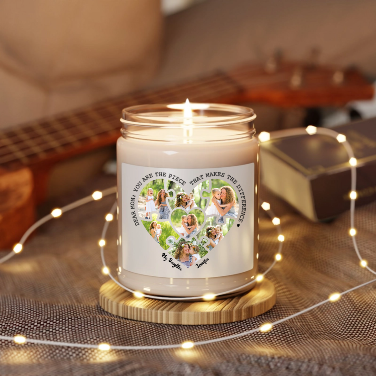 Dear Mom, You Are The Piece That Makes The Difference - Personalized Photo Montage (Heart shape) 100% Organic Eco-friendly Vegan Scented Candle