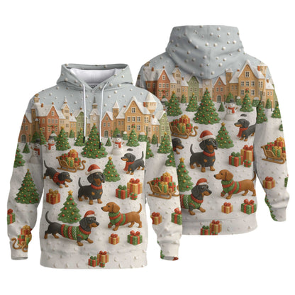 Christmas Dachshund Shirt, Holiday Weenie Dog Shirt, Winter Snow Sweater, Holiday Village Shirt