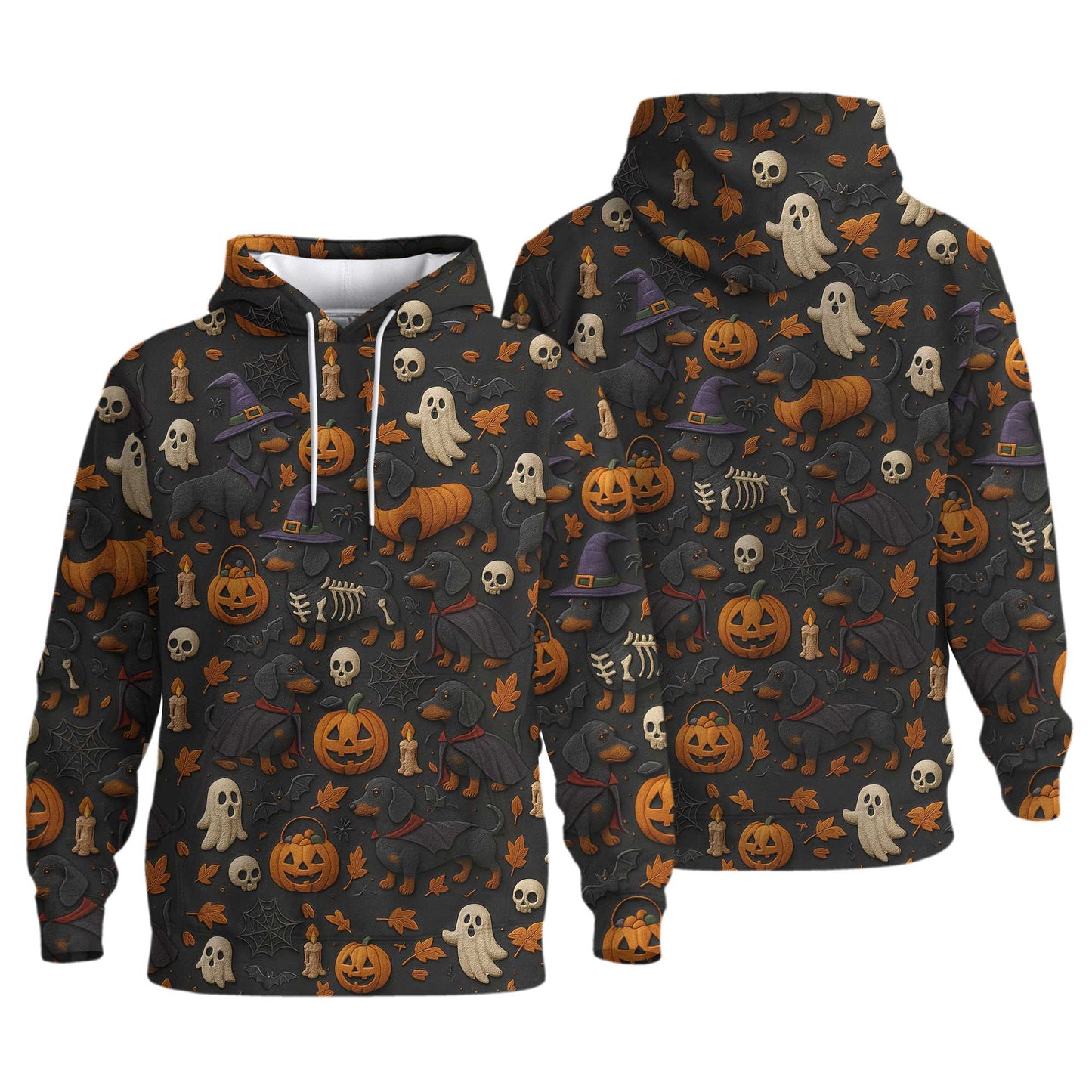 Pattern Dachshund Shirt, Halloween Dog Shirt, Pumpkin Ghost Skeleton Black Shirt