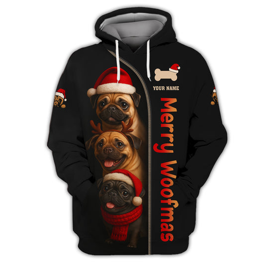 Personalized Merry Woofmas Shirt, Funny Pug Xmas Hoodie For Dog Lover, Custom Name Pug Christmas Shirt