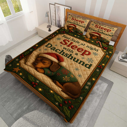 Funny Dachshund Christmas Quilt Set, Wiener Dog Holiday Bedroom Decor, Dachshund Quilt Set For Pet Lover