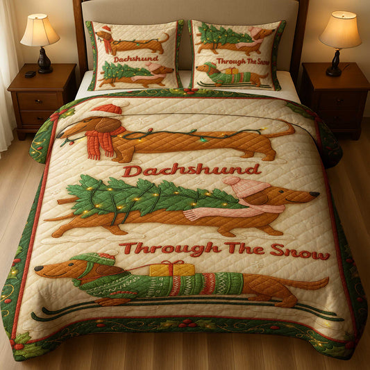 Funny Wiener Dog Quilt Set, Dachshund Quilt Set For Dog Lover, Through The Snow Dachshund Quilt Set