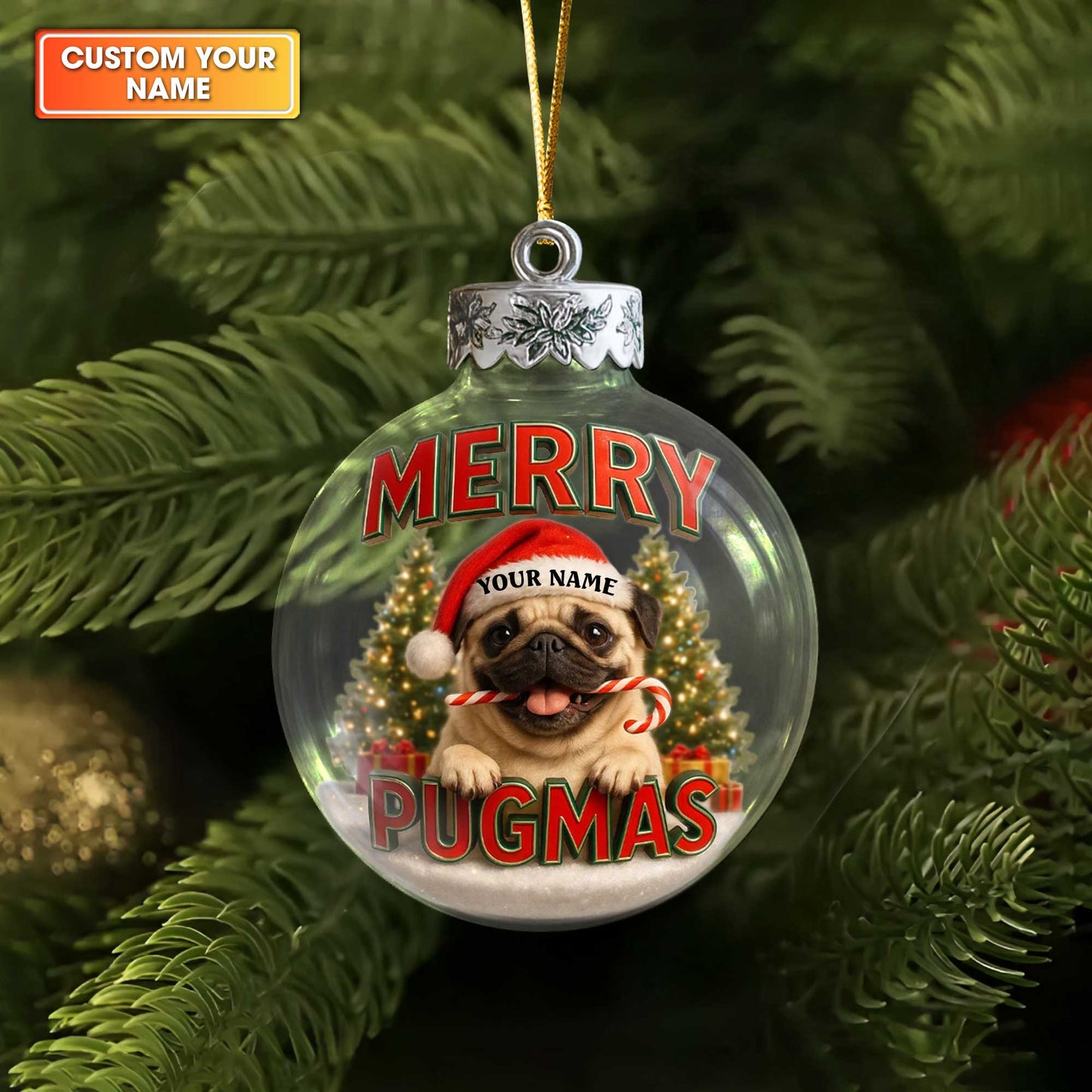 Personalized Pug Christmas Ornament, Custom Name Merry Pugmas Dog Ornament, Funny Pug Xmas Gift for Dog Lovers