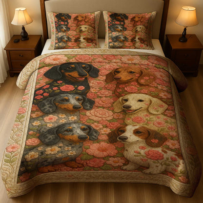 Adorable Dachshund Dog Bedding With Roses Pattern, Floral Dachshund Quilt Set