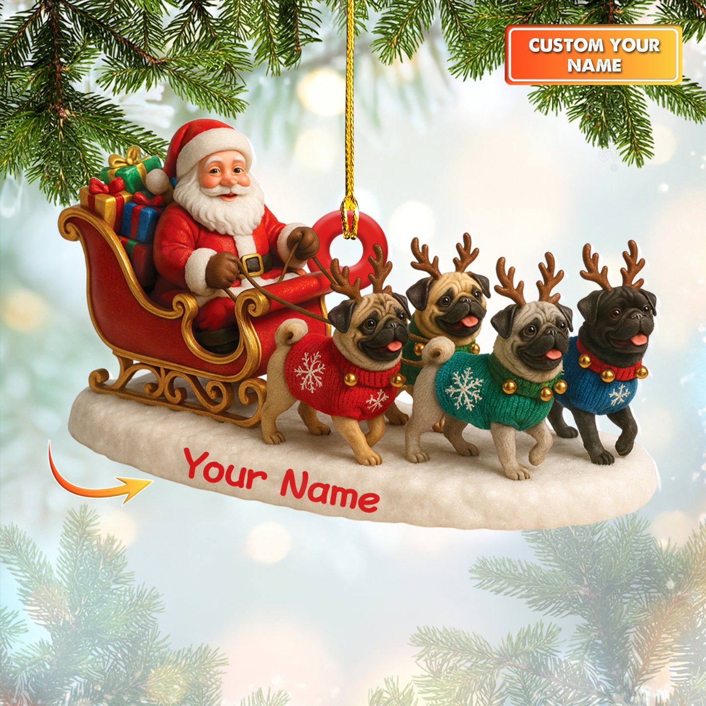 Personalized Pug Christmas Ornament, Cute Pugs Pulling Santa’s Sleigh, Acrylic Holiday Gift for Dog Lovers