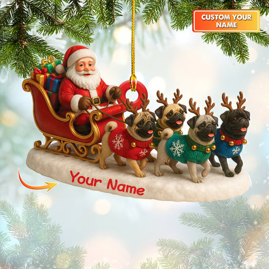Personalized Pug Christmas Ornament, Cute Pugs Pulling Santa’s Sleigh, Acrylic Holiday Gift for Dog Lovers