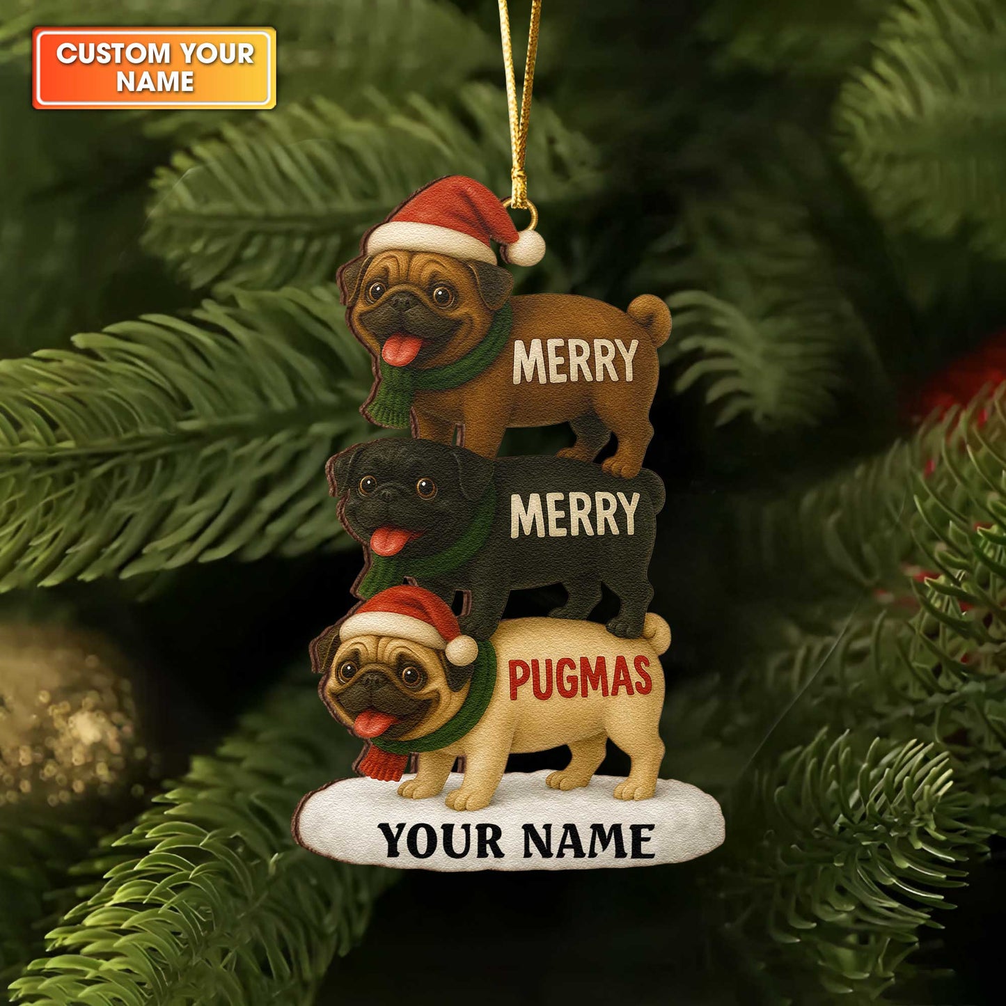 Personalized Christmas Ornament Pug, Merry Pugmas Ornament With Custom Name, Cute Pug Xmas Ornament For Pet Lover