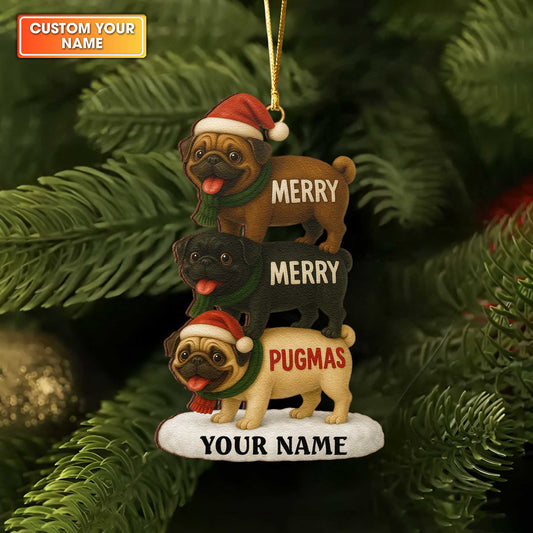 Personalized Christmas Ornament Pug, Merry Pugmas Ornament With Custom Name, Cute Pug Xmas Ornament For Pet Lover