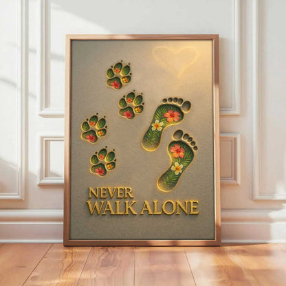 Never Walk Alone, Inspirational Pet Lover Wall Art, Dog Paw and Footprint Canvas with Floral Design