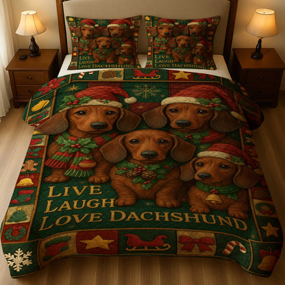 Live Laugh Love Dachshund Pattern, Cute Dachshund Christmas Quilt Set