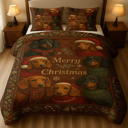 Merry Christmas Dachshund Quilt Set, Festive Holiday With Snowflakes And Candy Canes For Winter Nights