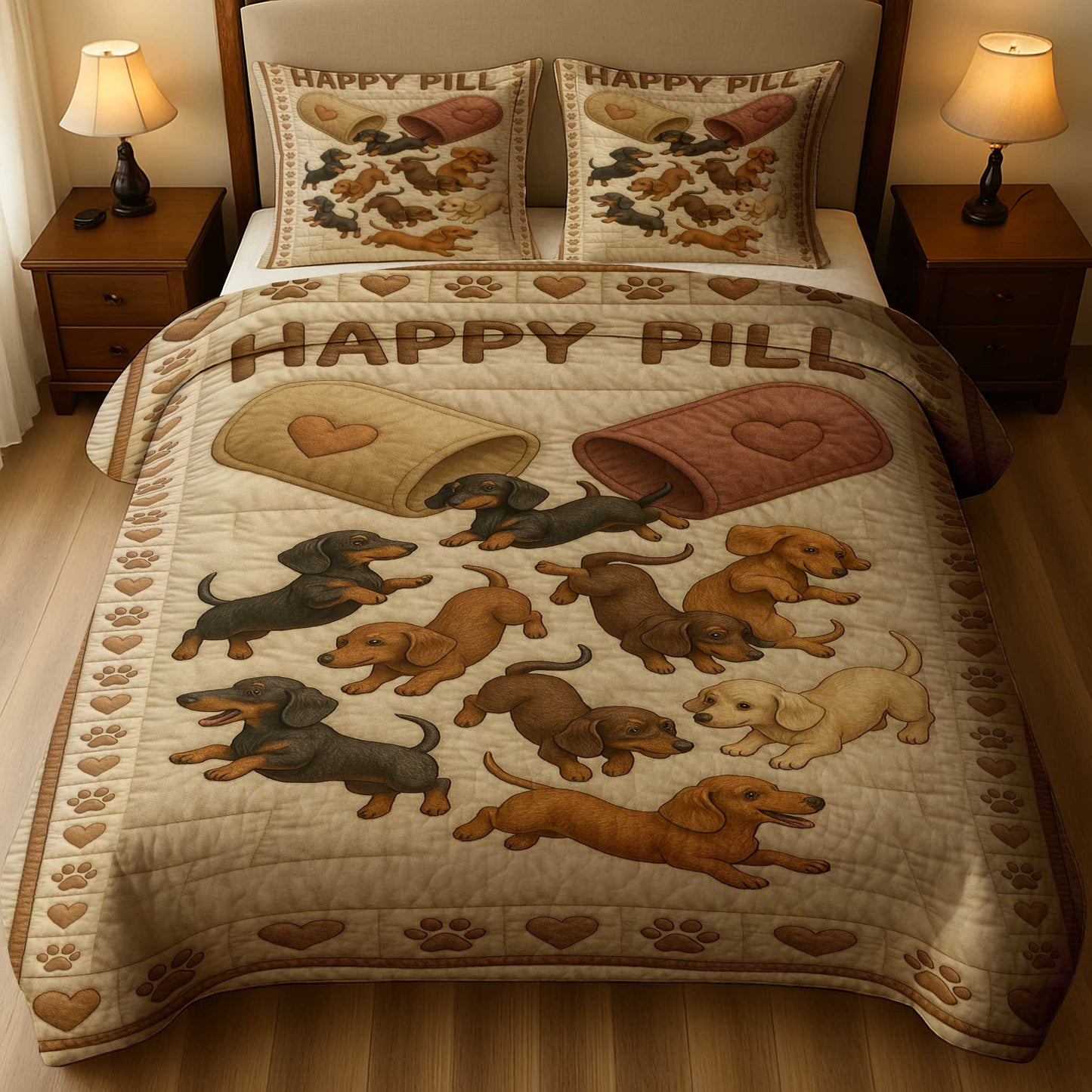 Happy Pill Quilt Set With Dachshunds, Warm Soft Bedding For Dog Lovers Bedroom Decor