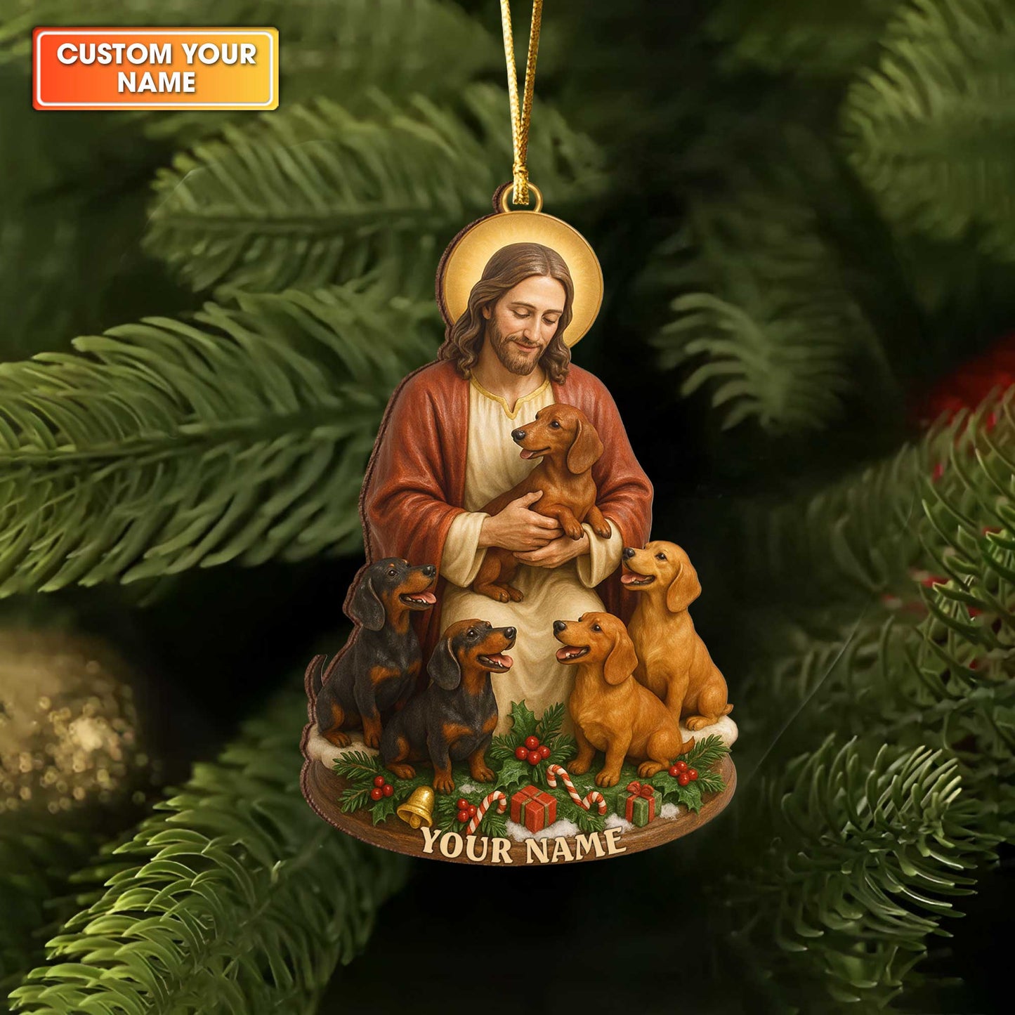 Custom Name Jesus Dachshund Ornament, Personalized Dog Lover Christmas Ornament, Religious Wiener Dog Xmas Gift