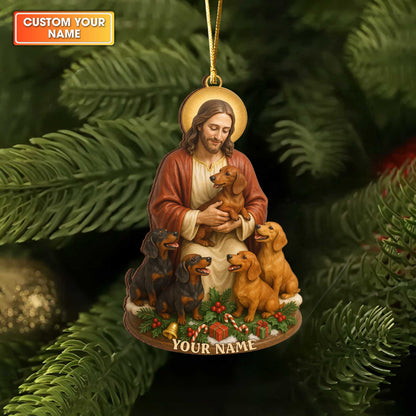 Custom Name Jesus Dachshund Ornament, Personalized Dog Lover Christmas Ornament, Religious Wiener Dog Xmas Gift