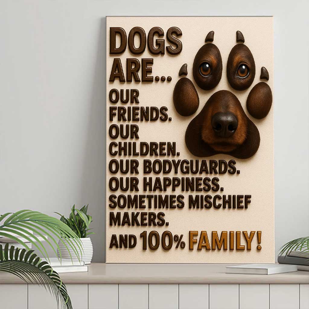 Dogs Are Family, Funny Dog Lover Wall Art, 3D Typography Canvas with Puppy Face