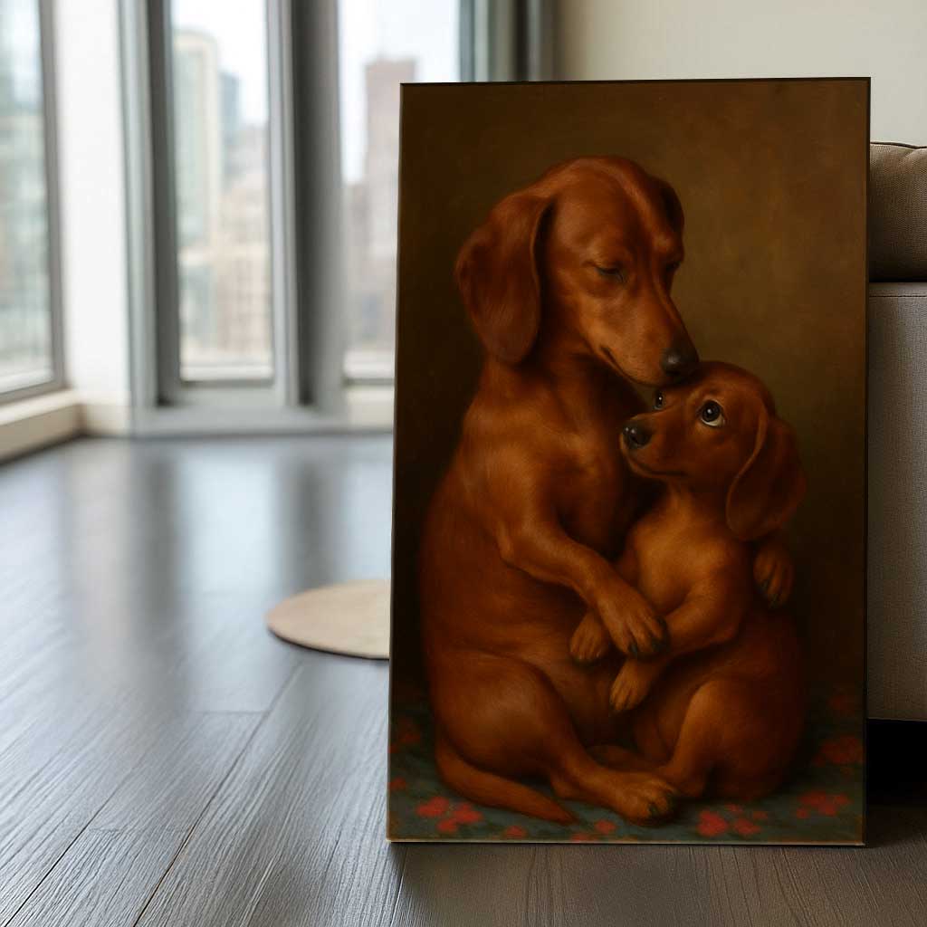 Dachshund Mom And Puppy Canvas Wall Art, Heartwarming Sausage Dog Painting, Wiener Dog Lover Gift