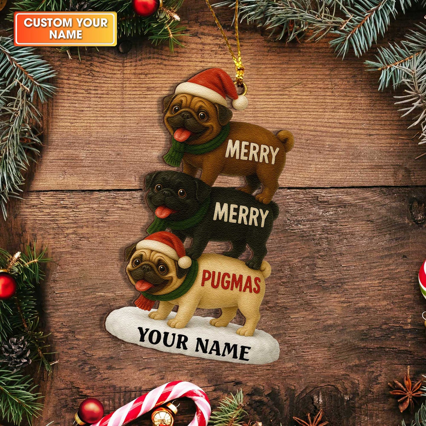 Personalized Christmas Ornament Pug, Merry Pugmas Ornament With Custom Name, Cute Pug Xmas Ornament For Pet Lover