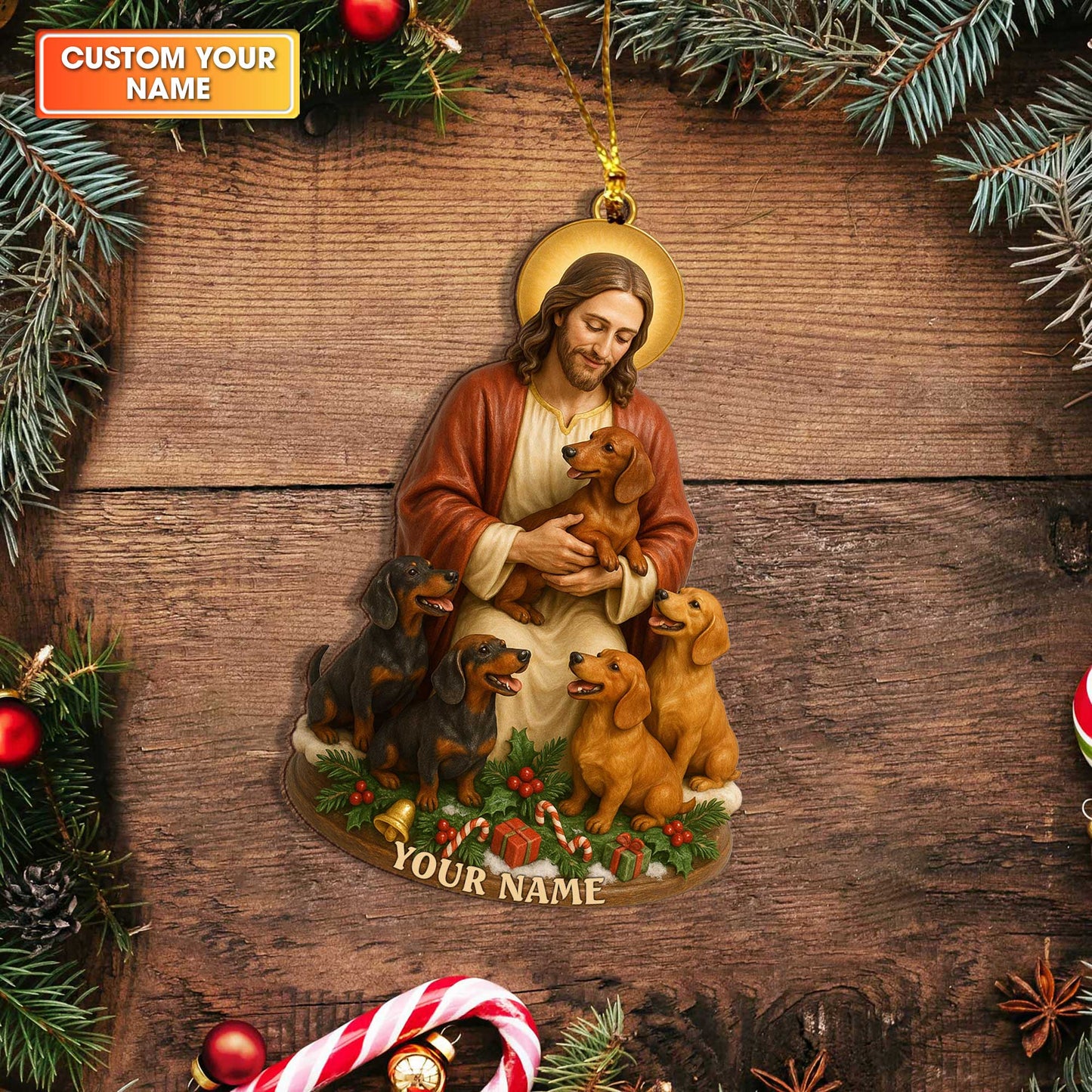 Custom Name Jesus Dachshund Ornament, Personalized Dog Lover Christmas Ornament, Religious Wiener Dog Xmas Gift