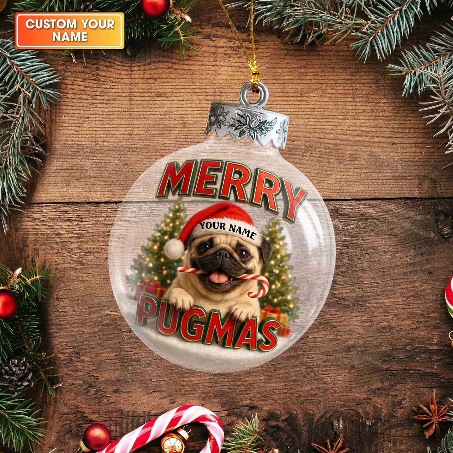 Personalized Pug Christmas Ornament, Custom Name Merry Pugmas Dog Ornament, Funny Pug Xmas Gift for Dog Lovers