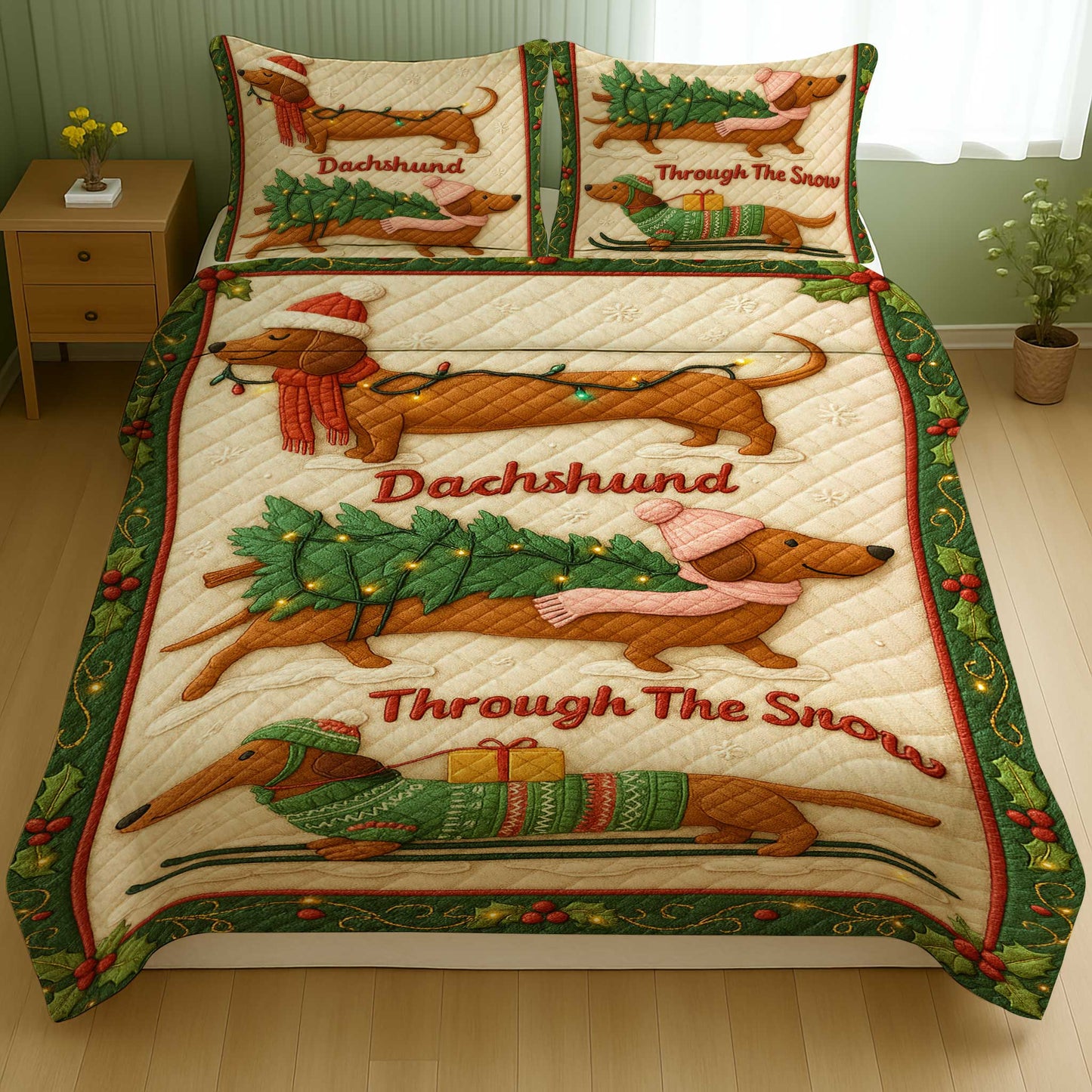 Funny Wiener Dog Quilt Set, Dachshund Quilt Set For Dog Lover, Through The Snow Dachshund Quilt Set