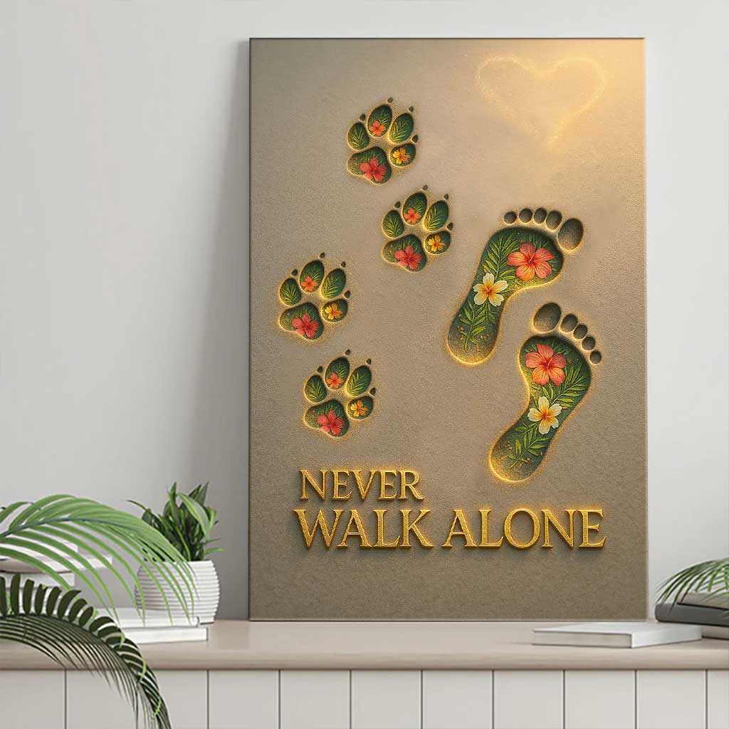 Never Walk Alone, Inspirational Pet Lover Wall Art, Dog Paw and Footprint Canvas with Floral Design