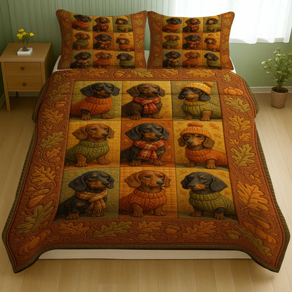 Fall Dachshund Quilt Set, Adorable Sausage Dogs in Sweaters and Scarves