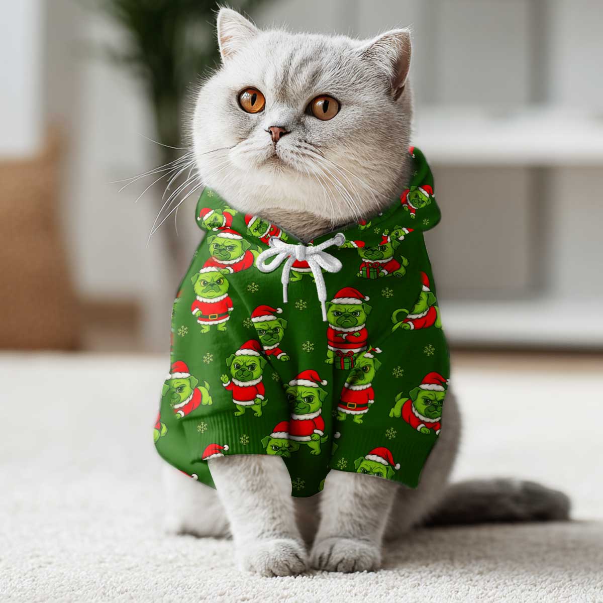 Christmas Dog Hoodie, Pug Xmas Pattern Dogs Hoodie, Pet Hoodie For Dog Lover, pug in a hoodie