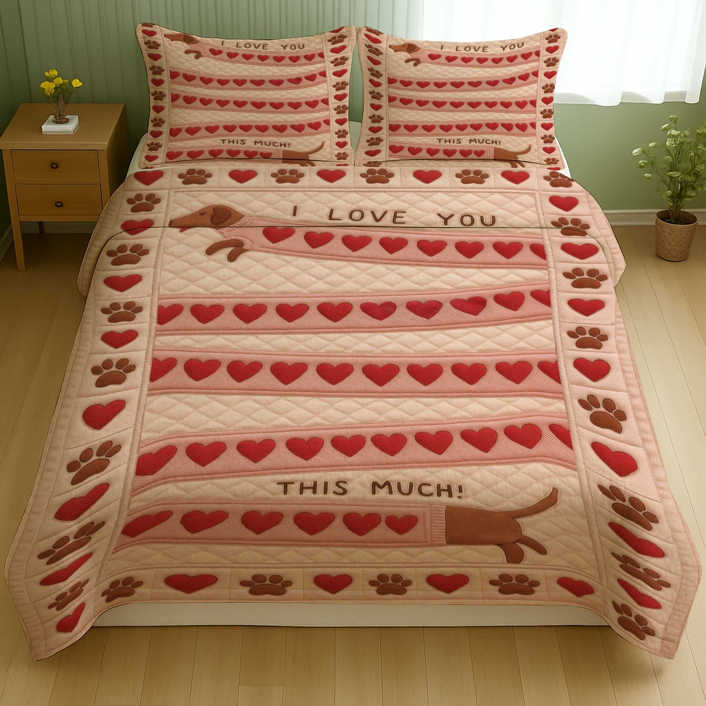 I Love You This Much Dachshund Quilt Set, Cute Sausage Dog With Hearts and Paw Prints