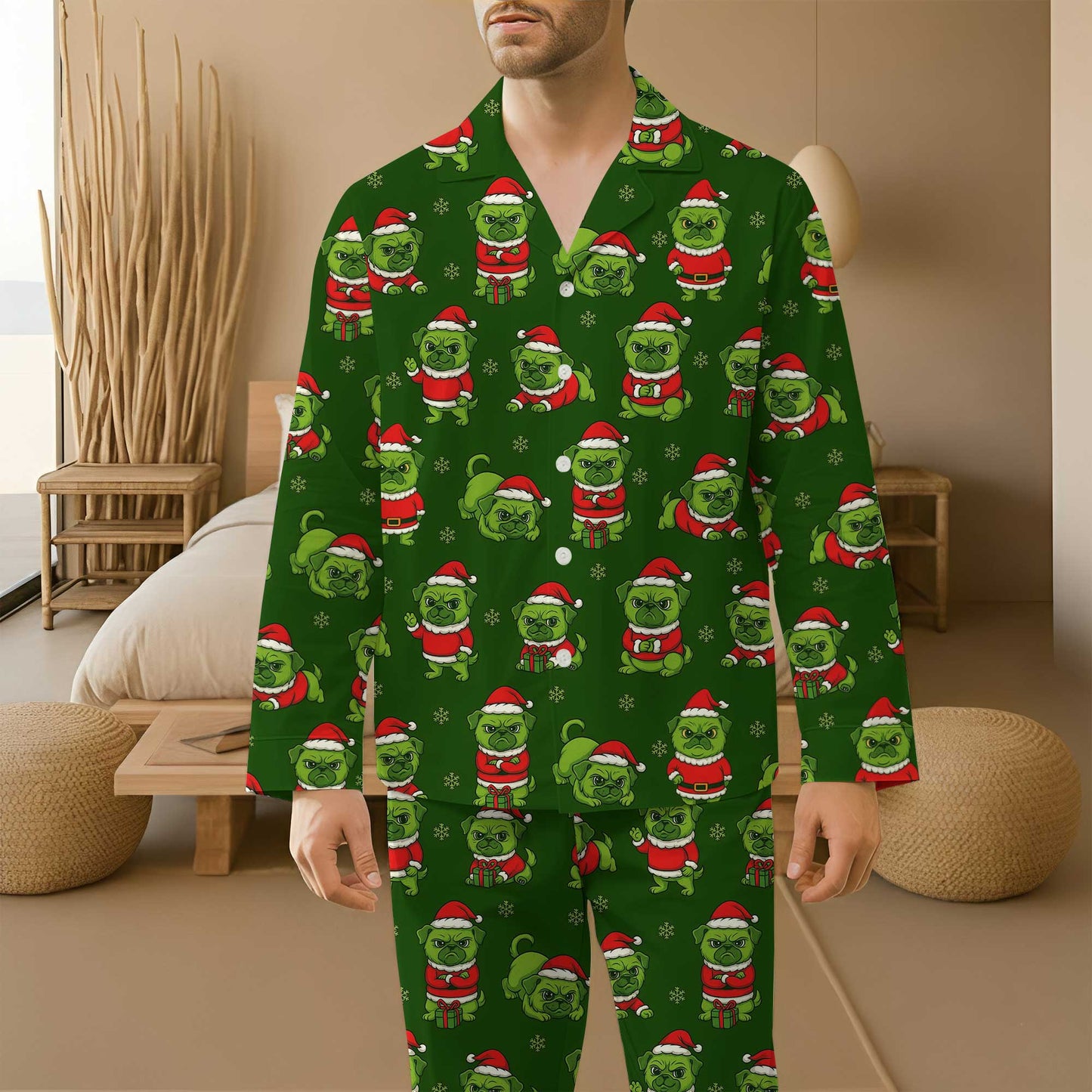 Pattern Christmas Pugs Pajamas Set, Merry Pugmas Holiday Pajamas,  Pet Lover Christmas Pyjamas