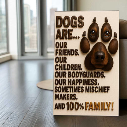 Dogs Are Family, Funny Dog Lover Wall Art, 3D Typography Canvas with Puppy Face