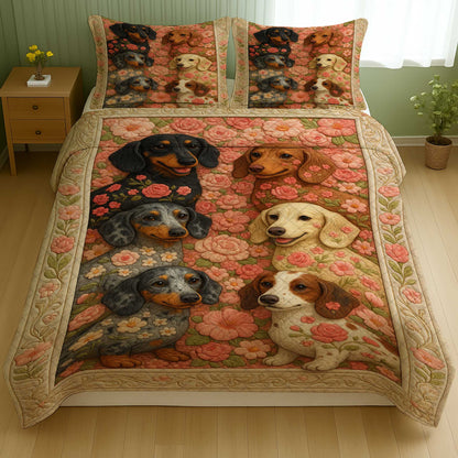 Adorable Dachshund Dog Bedding With Roses Pattern, Floral Dachshund Quilt Set