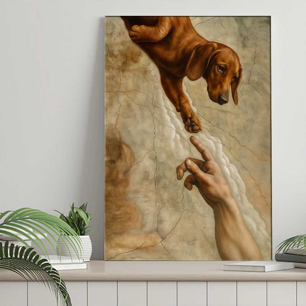 Creation Of Dachshund Canvas Wall Art, Funny Wiener Dog Painting, Sausage Dog Lover Gift