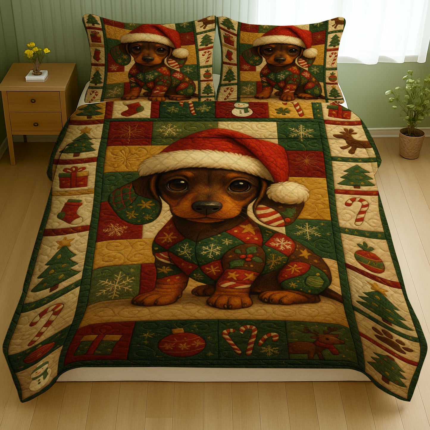 Cute Dachshund Wearing Santa Hat, Merry Christmas Sausage Dog Quilt Set
