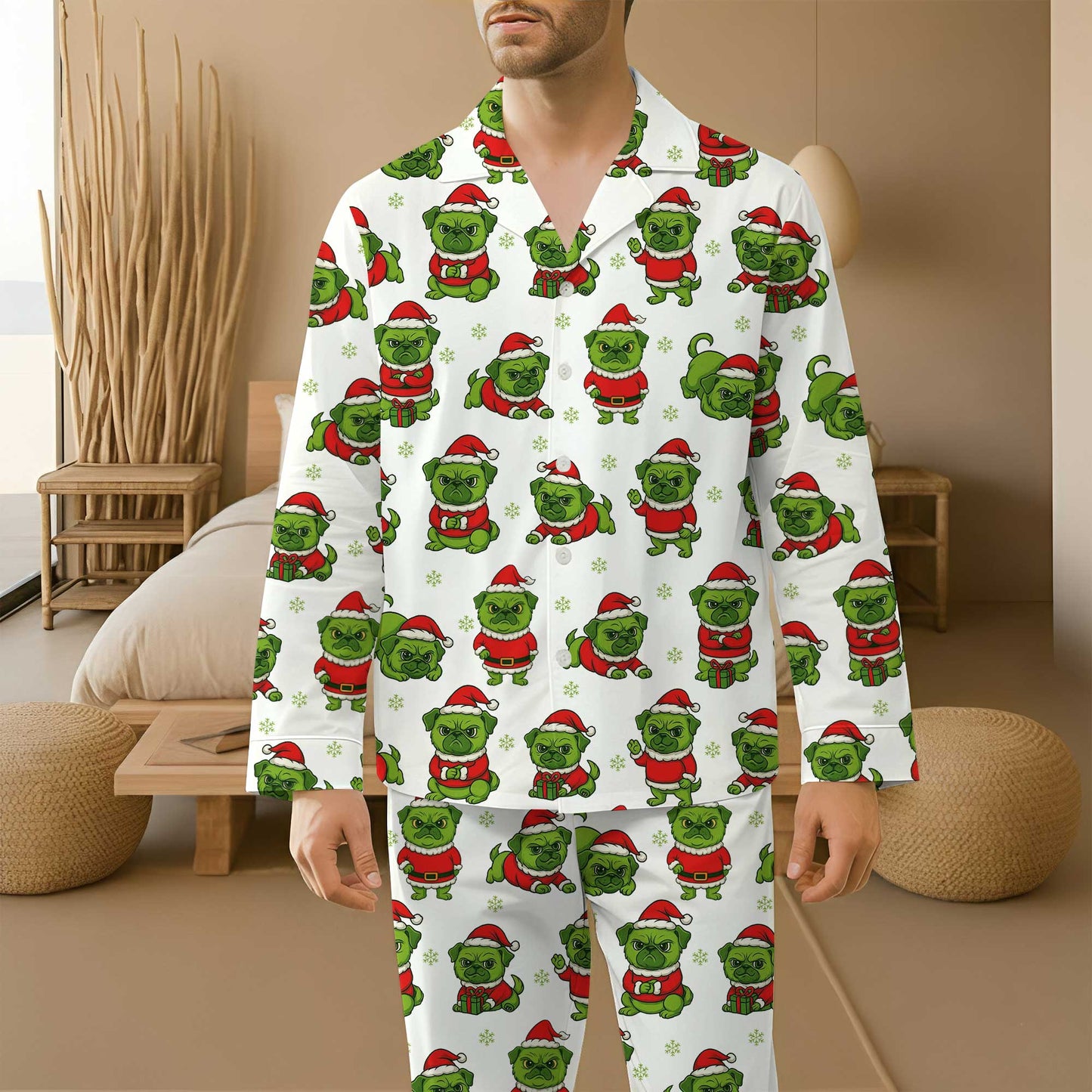 Merry Pugmas Holiday Pajamas, Pattern Xmas Pugs Pajamas Set, Pet Lover Christmas Pyjamas For Family