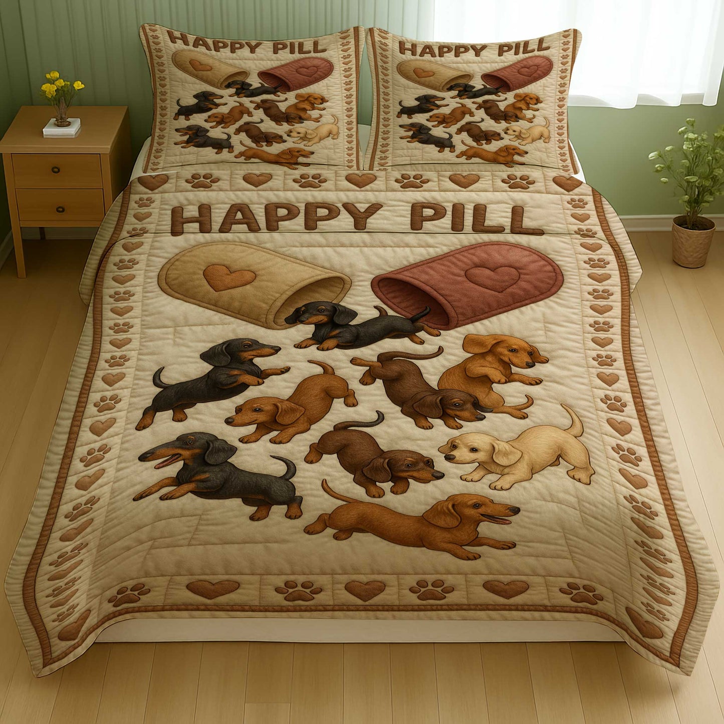 Happy Pill Quilt Set With Dachshunds, Warm Soft Bedding For Dog Lovers Bedroom Decor