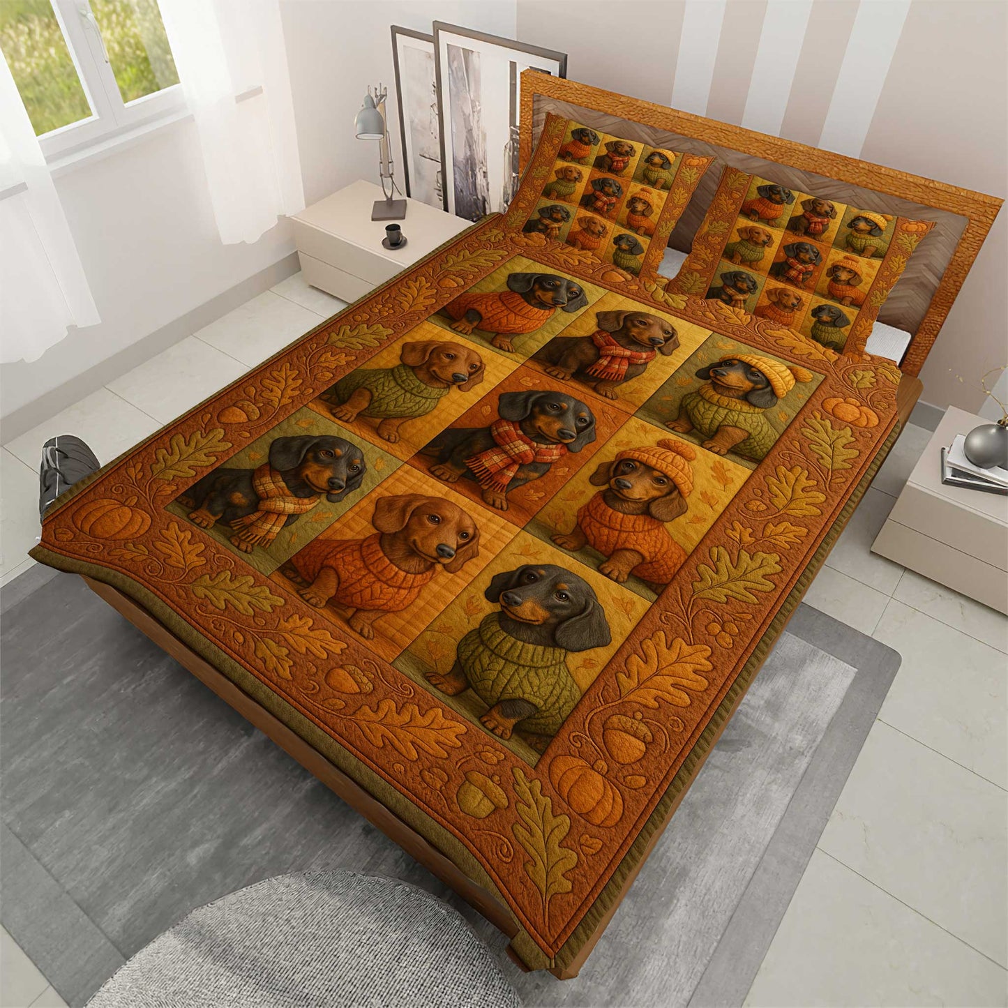 Fall Dachshund Quilt Set, Adorable Sausage Dogs in Sweaters and Scarves