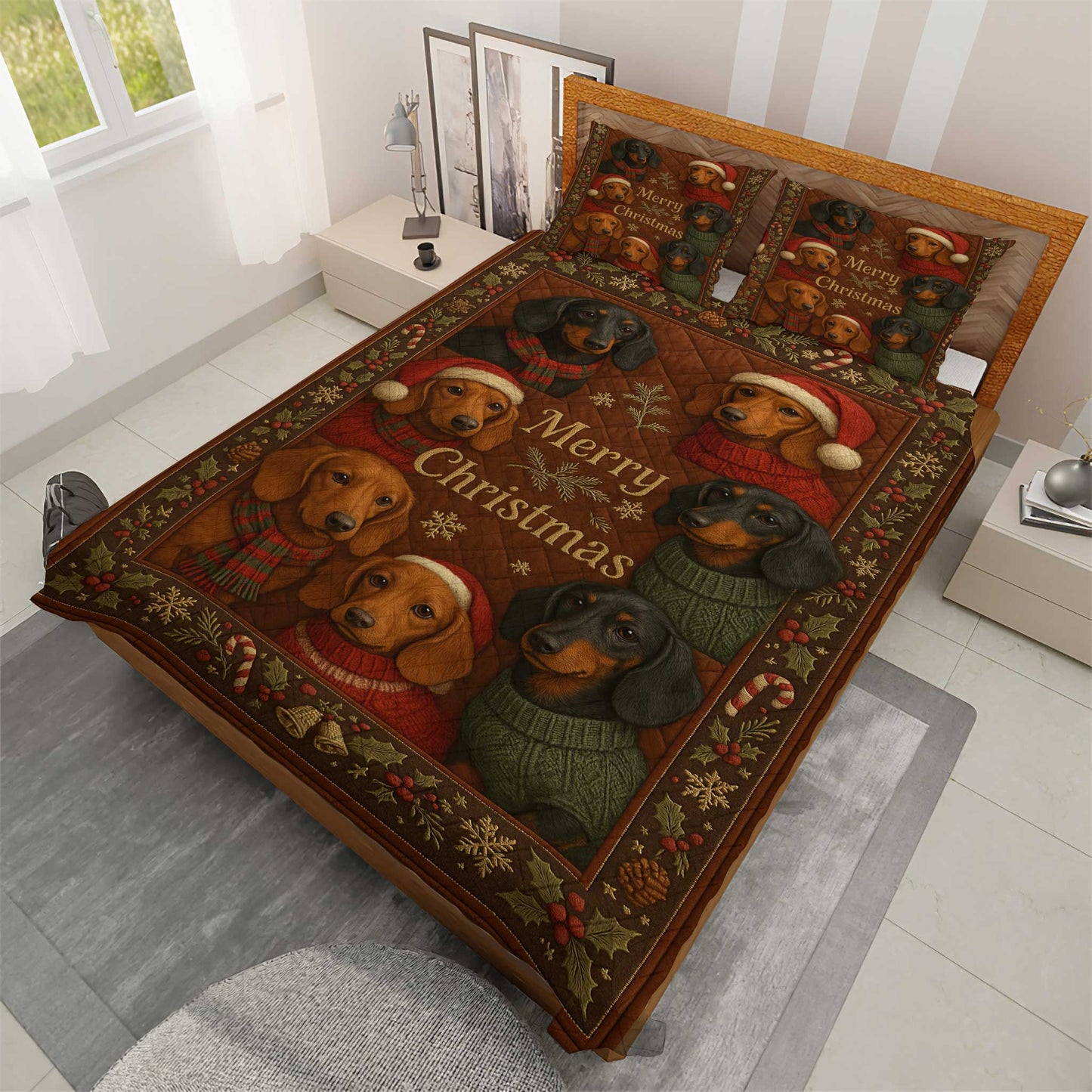 Merry Christmas Dachshund Quilt Set, Festive Holiday With Snowflakes And Candy Canes For Winter Nights