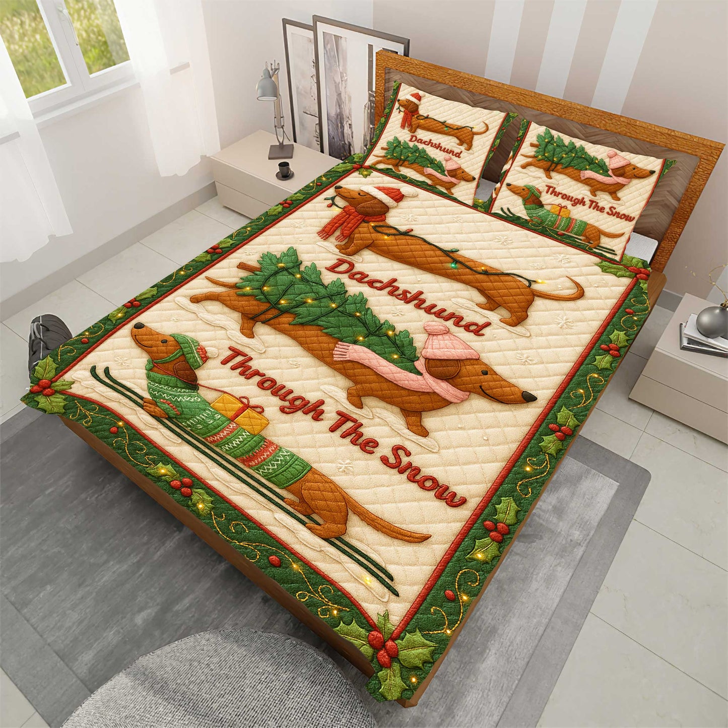 Funny Wiener Dog Quilt Set, Dachshund Quilt Set For Dog Lover, Through The Snow Dachshund Quilt Set