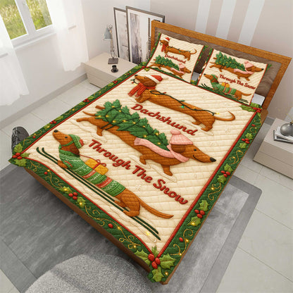 Funny Wiener Dog Quilt Set, Dachshund Quilt Set For Dog Lover, Through The Snow Dachshund Quilt Set