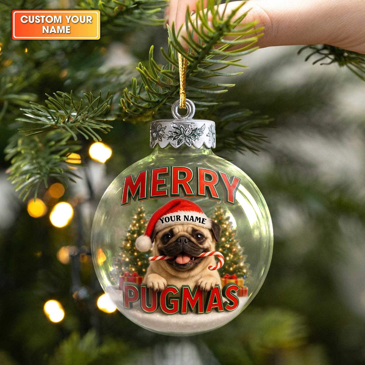 Personalized Pug Christmas Ornament, Custom Name Merry Pugmas Dog Ornament, Funny Pug Xmas Gift for Dog Lovers