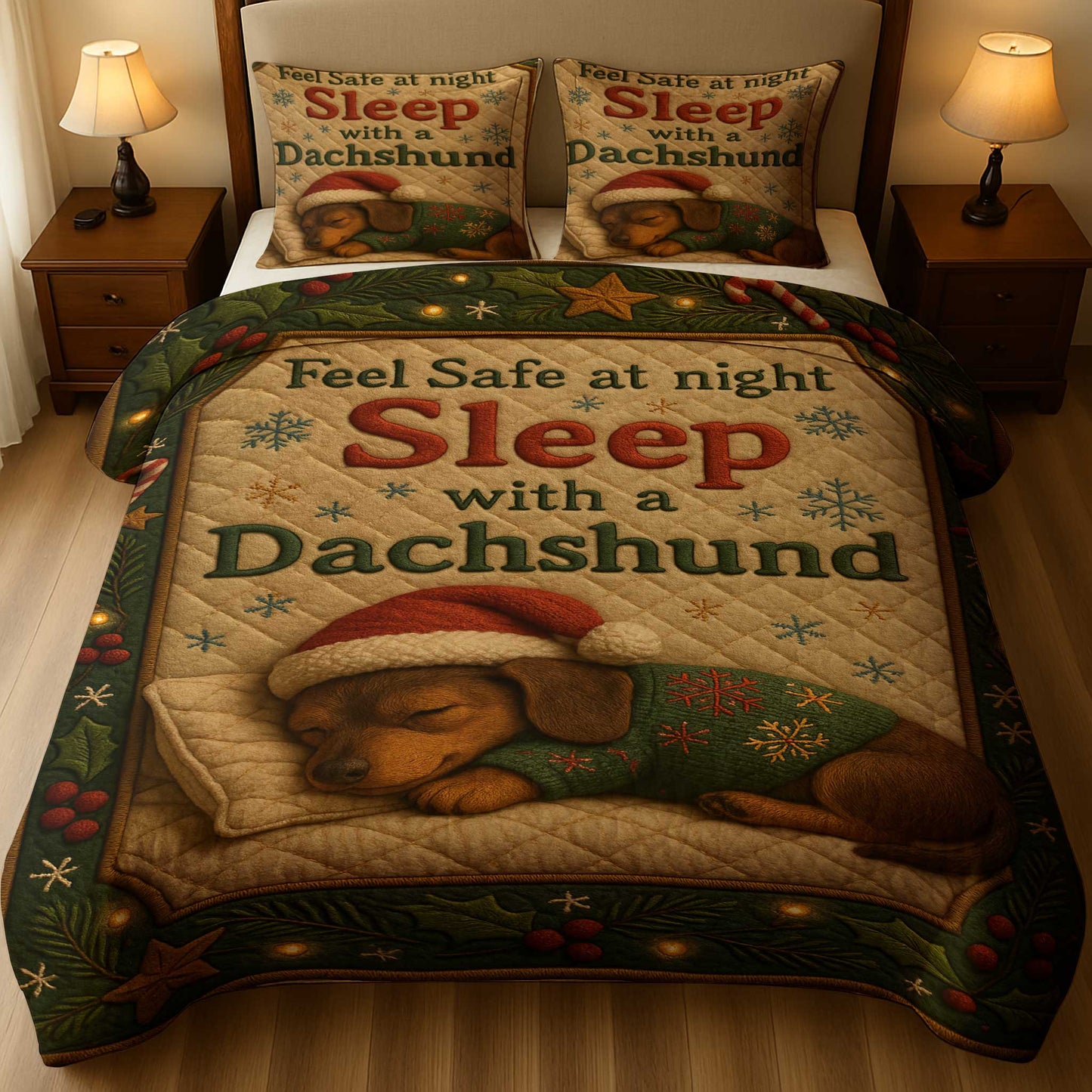 Funny Dachshund Christmas Quilt Set, Wiener Dog Holiday Bedroom Decor, Dachshund Quilt Set For Pet Lover