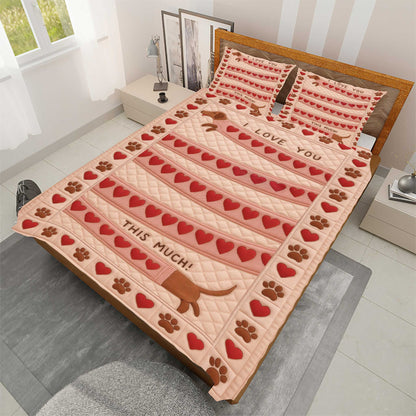 I Love You This Much Dachshund Quilt Set, Cute Sausage Dog With Hearts and Paw Prints