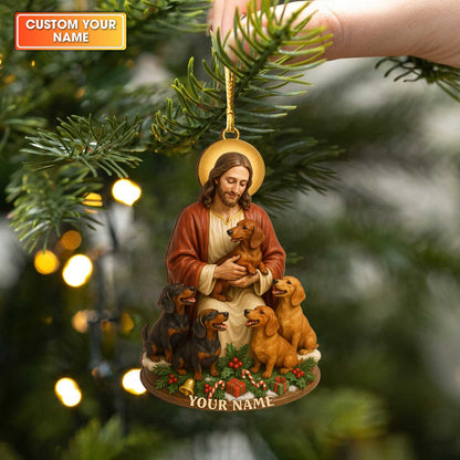 Custom Name Jesus Dachshund Ornament, Personalized Dog Lover Christmas Ornament, Religious Wiener Dog Xmas Gift