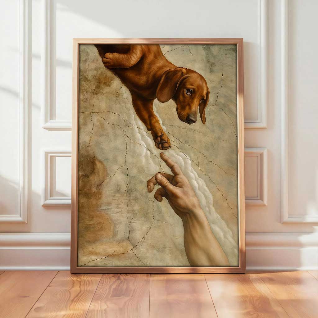 Creation Of Dachshund Canvas Wall Art, Funny Wiener Dog Painting, Sausage Dog Lover Gift