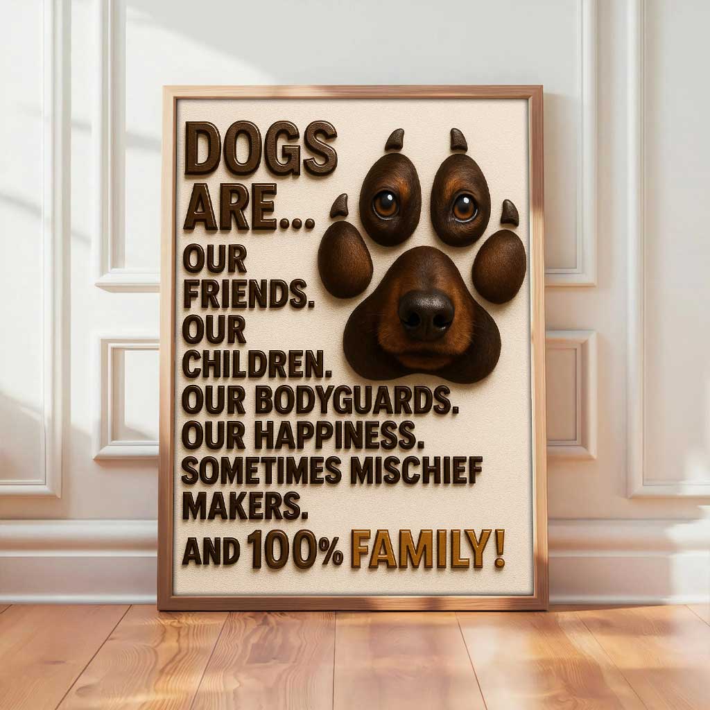 Dogs Are Family, Funny Dog Lover Wall Art, 3D Typography Canvas with Puppy Face