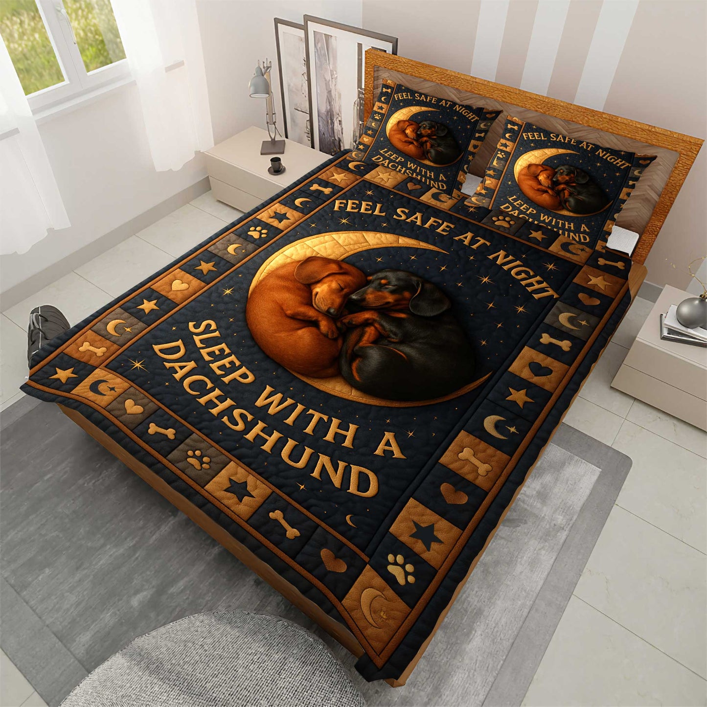 Funny Dachshund Quilt Set For Dog Lover, Feel Safe At Night Sleep With A Dachshund Quilt Set, Wiener Dog Quilt Set