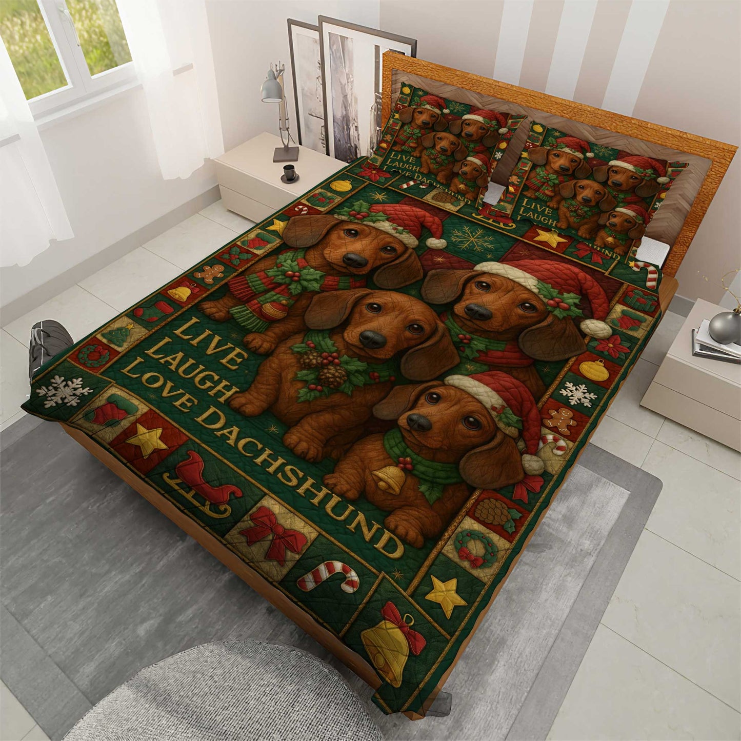 Live Laugh Love Dachshund Pattern, Cute Dachshund Christmas Quilt Set